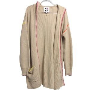 XO Kerri Rosenthal Beige Knit Hooded Long‎ Cardigan Sweater M Colorful Stitch